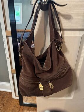 Michael Kors Chocolate Brown Suede Hobo Bag with Gold Hardware